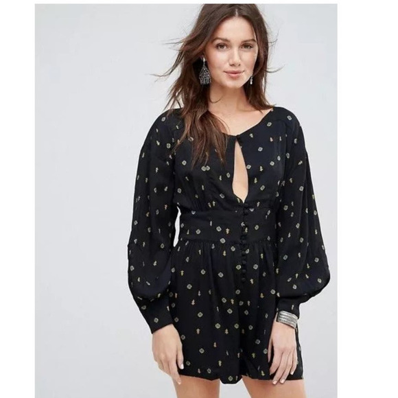 Free People Love Grows Floral Printed Romper Long Sleeve Black Size XS - Picture 7 of 11